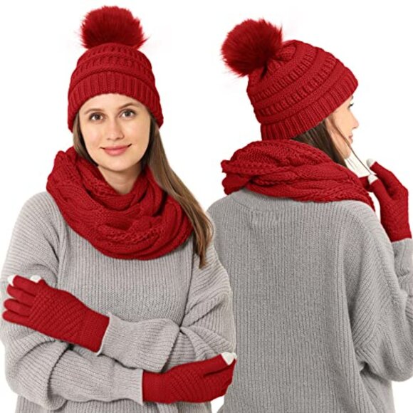 Winter Beanie Scarf Gloves Set Knit Faux Fur Ball Touch Screen Gloves